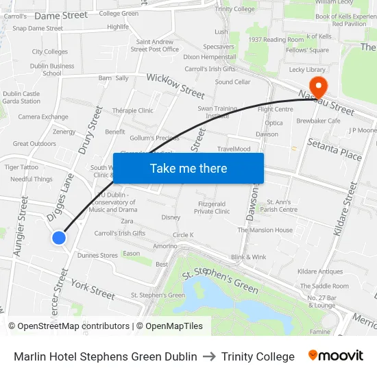 Marlin Hotel Stephens Green Dublin to Trinity College map