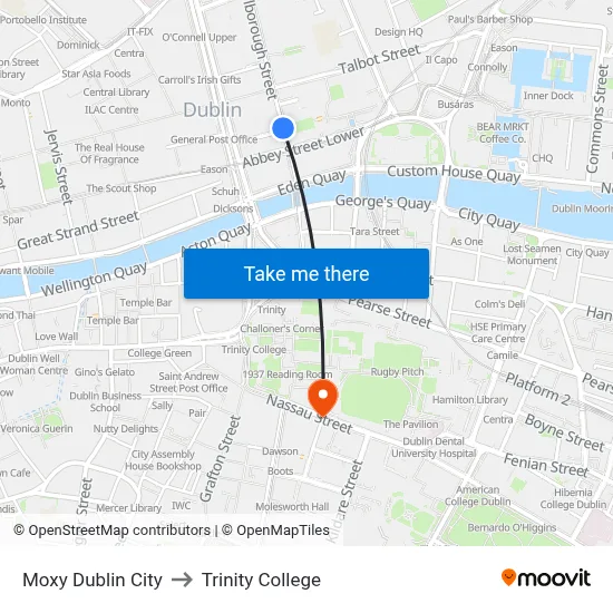 Moxy Dublin City to Trinity College map