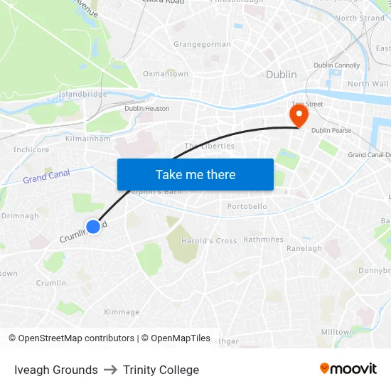 Iveagh Grounds to Trinity College map