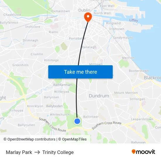 Marlay Park to Trinity College map