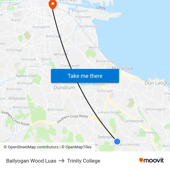 Ballyogan Wood Luas to Trinity College map