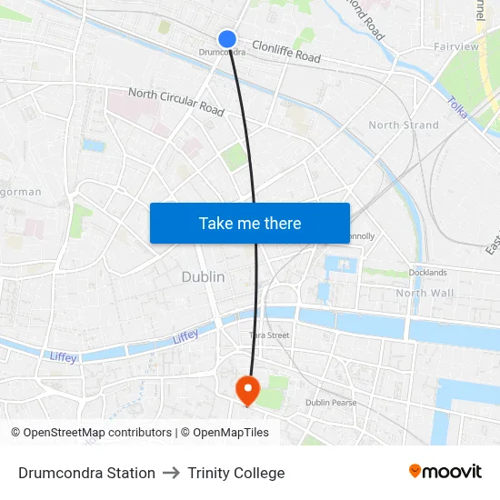 Drumcondra Station to Trinity College map