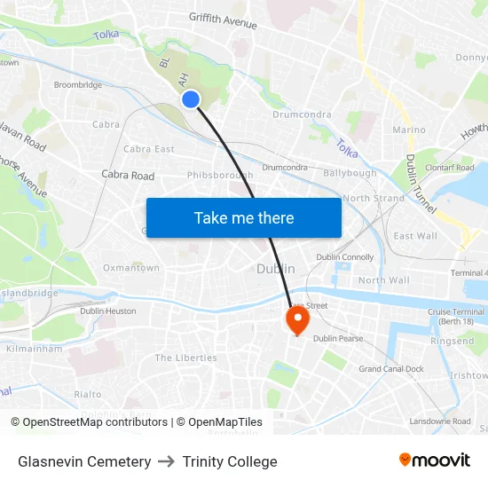 Glasnevin Cemetery to Trinity College map