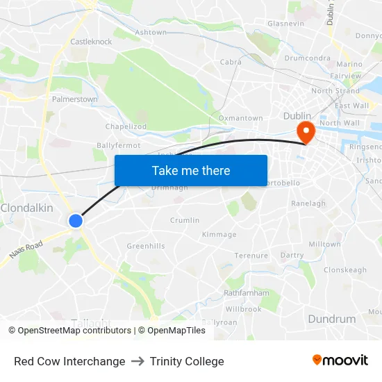 Red Cow Interchange to Trinity College map