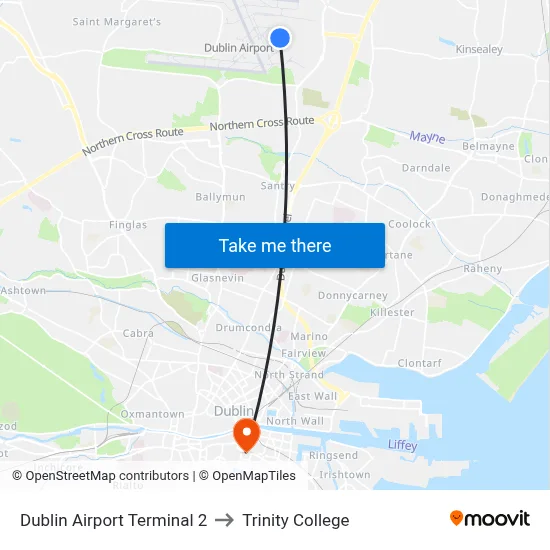 Dublin Airport Terminal 2 to Trinity College map
