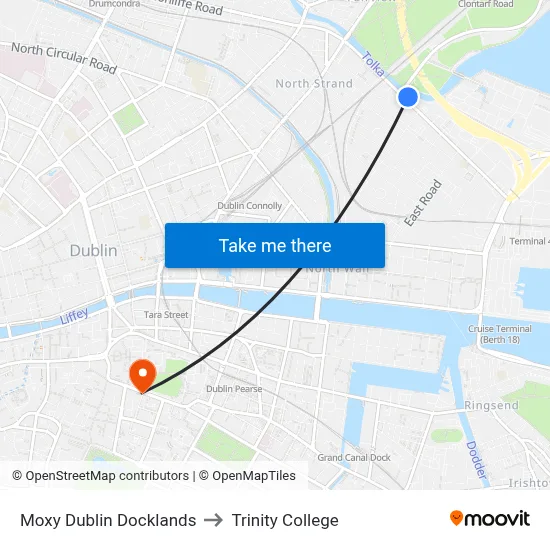 Moxy Dublin Docklands to Trinity College map