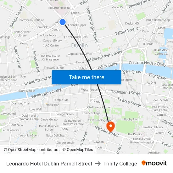 Leonardo Hotel Dublin Parnell Street to Trinity College map