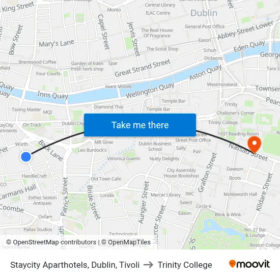 Staycity Aparthotels, Dublin, Tivoli to Trinity College map
