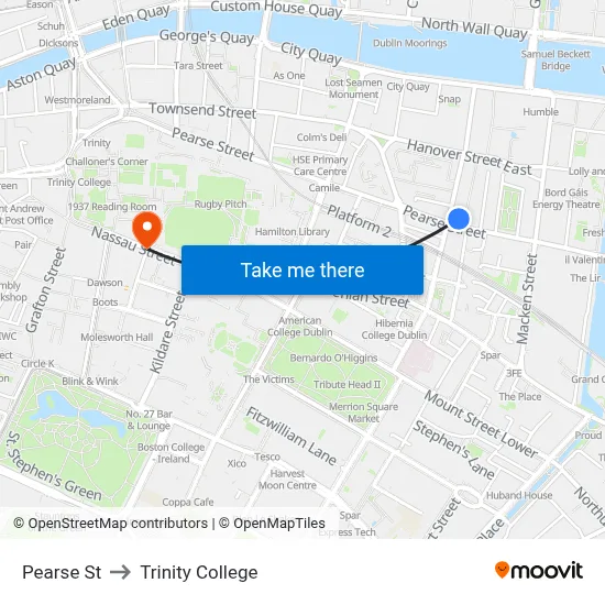 Pearse St to Trinity College map