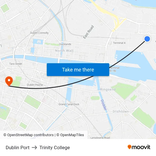 Dublin Port to Trinity College map