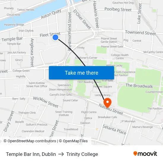 Temple Bar Inn, Dublin to Trinity College map