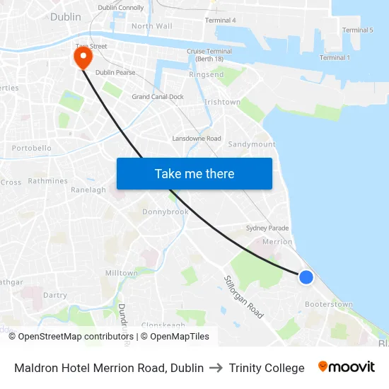 Maldron Hotel Merrion Road, Dublin to Trinity College map