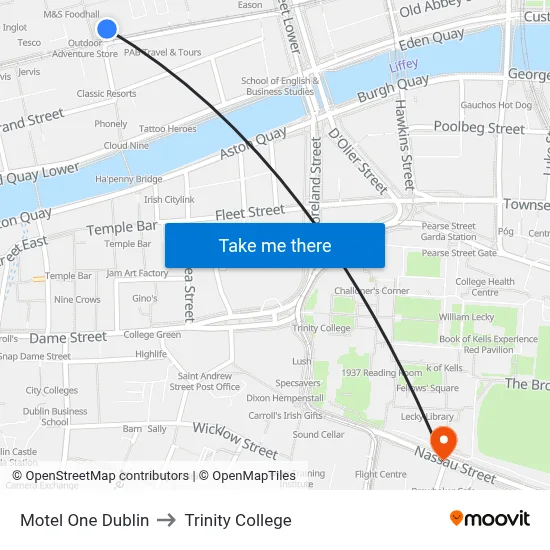 Motel One Dublin to Trinity College map