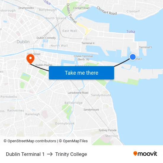 Dublin Terminal 1 to Trinity College map