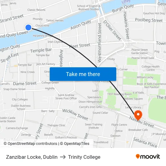 Zanzibar Locke, Dublin to Trinity College map
