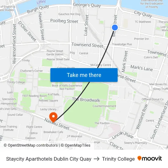 Staycity Aparthotels Dublin City Quay to Trinity College map