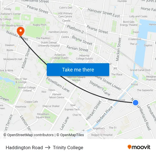 Haddington Road to Trinity College map