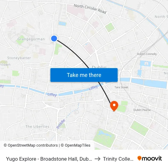 Yugo Explore - Broadstone Hall, Dublin to Trinity College map