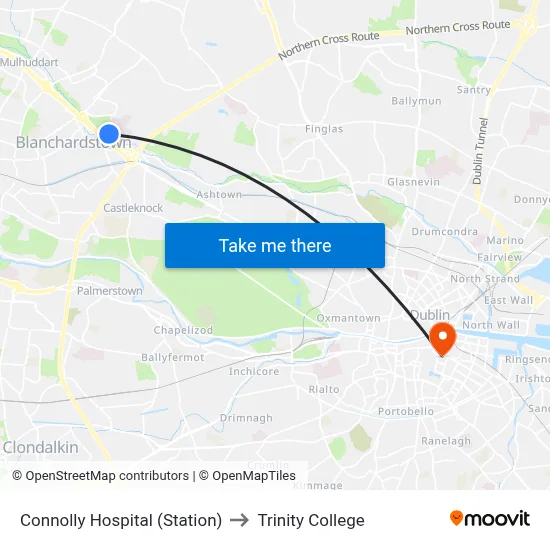 Connolly Hospital (Station) to Trinity College map