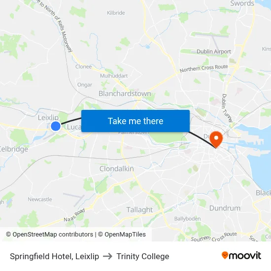 Springfield Hotel, Leixlip to Trinity College map
