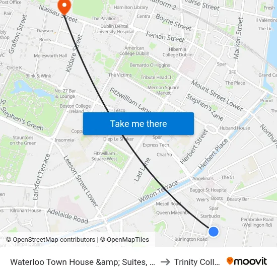 Waterloo Town House &amp; Suites, Dublin to Trinity College map