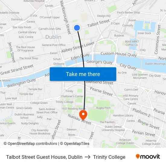 Talbot Street Guest House, Dublin to Trinity College map
