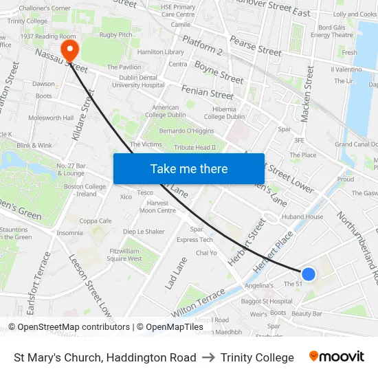 St Mary's Church, Haddington Road to Trinity College map