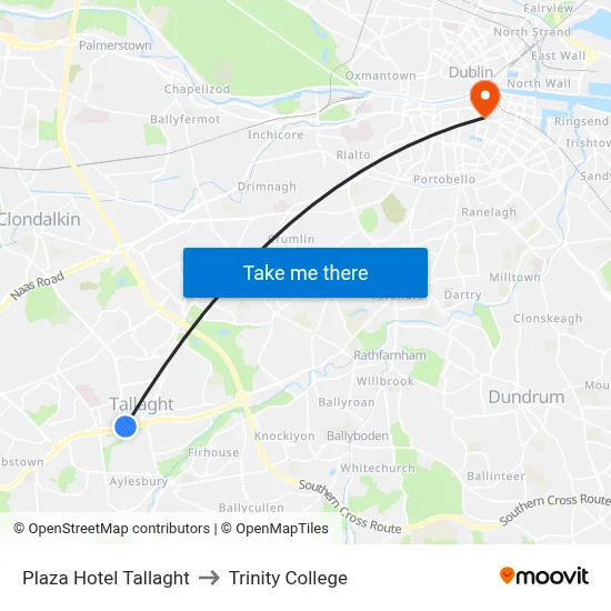 Plaza Hotel Tallaght to Trinity College map