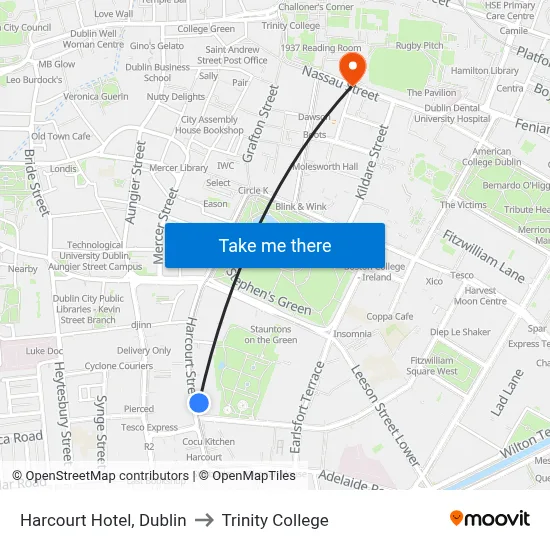 Harcourt Hotel, Dublin to Trinity College map
