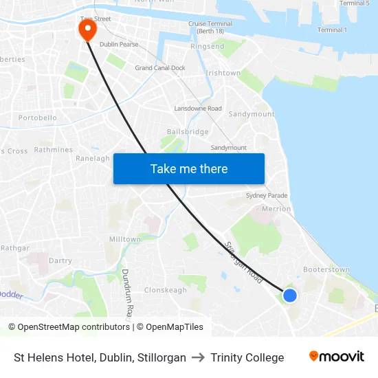 St Helens Hotel, Dublin, Stillorgan to Trinity College map