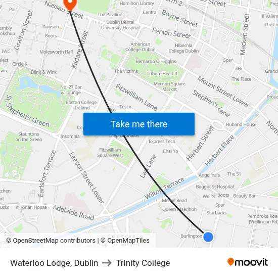 Waterloo Lodge, Dublin to Trinity College map