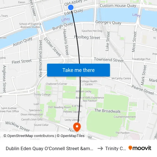Dublin Eden Quay O'Connell Street &amp; Marlborough Street to Trinity College map