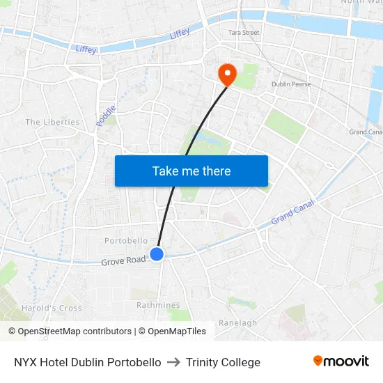 NYX Hotel Dublin Portobello to Trinity College map