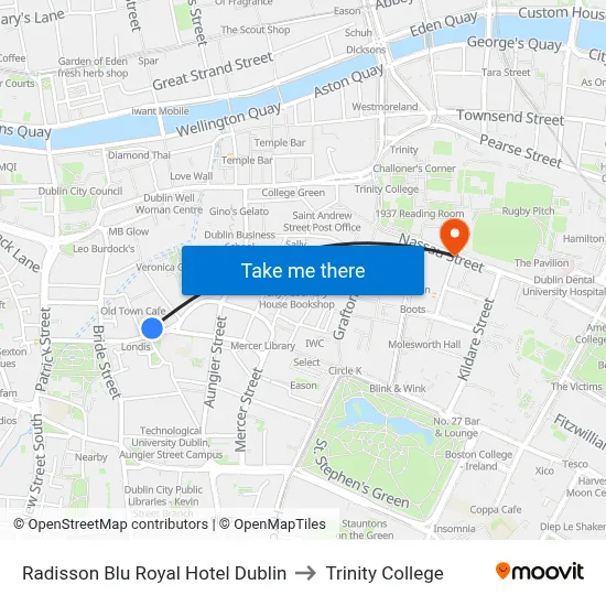 Radisson Blu Royal Hotel Dublin to Trinity College map