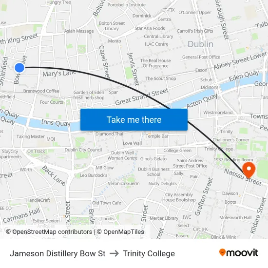 Jameson Distillery Bow St to Trinity College map