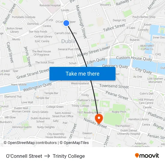 O'Connell Street to Trinity College map