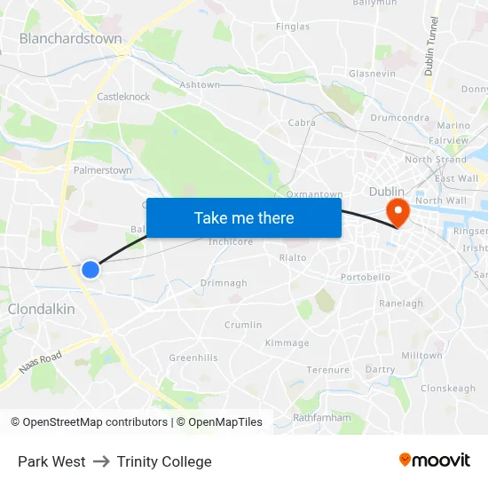 Park West to Trinity College map