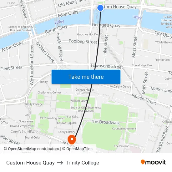Custom House Quay to Trinity College map