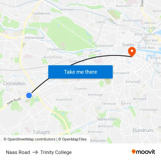 Naas Road to Trinity College map