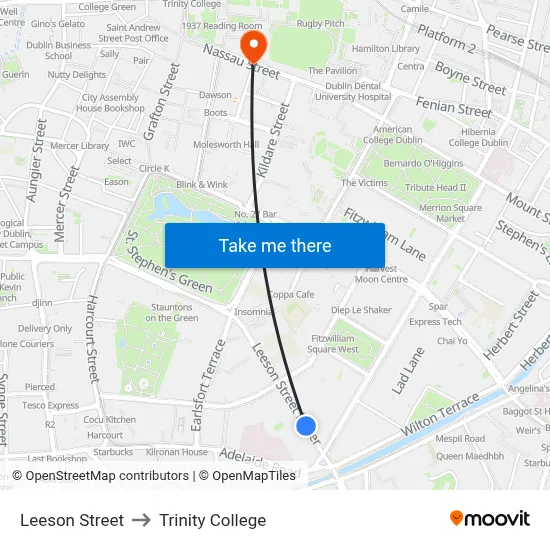 Leeson Street to Trinity College map