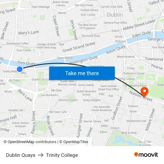 Dublin Quays to Trinity College map