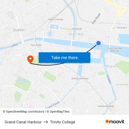 Grand Canal Harbour to Trinity College map