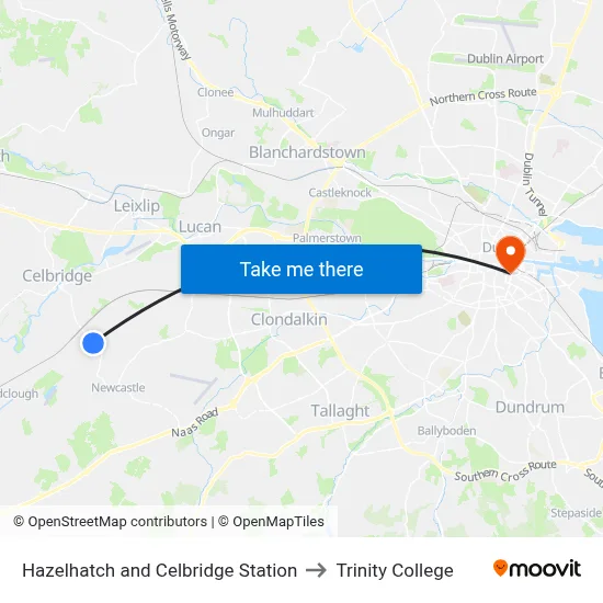Hazelhatch and Celbridge Station to Trinity College map