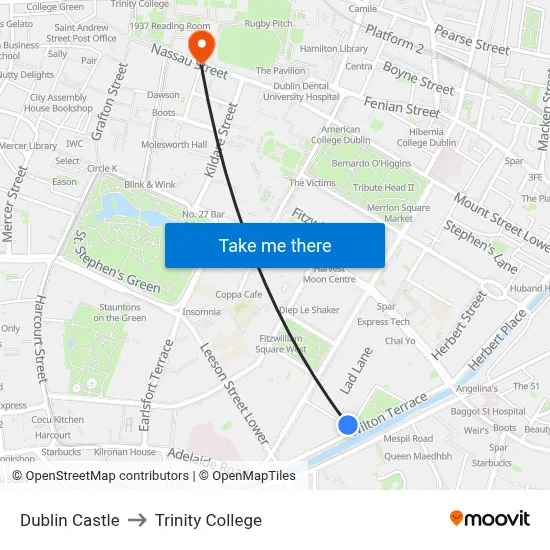 Dublin Castle to Trinity College map