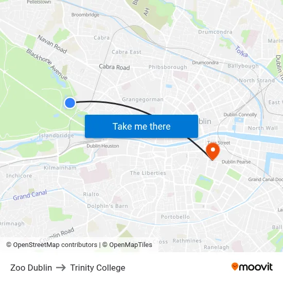 Zoo Dublin to Trinity College map