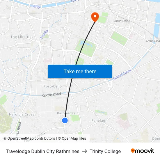 Travelodge Dublin City Rathmines to Trinity College map