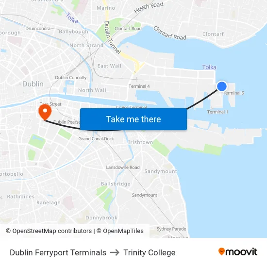Dublin Ferryport Terminals to Trinity College map
