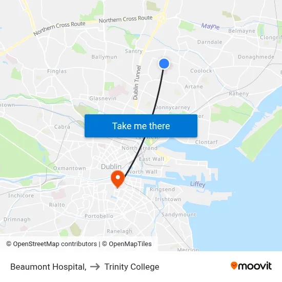 Beaumont Hospital, to Trinity College map