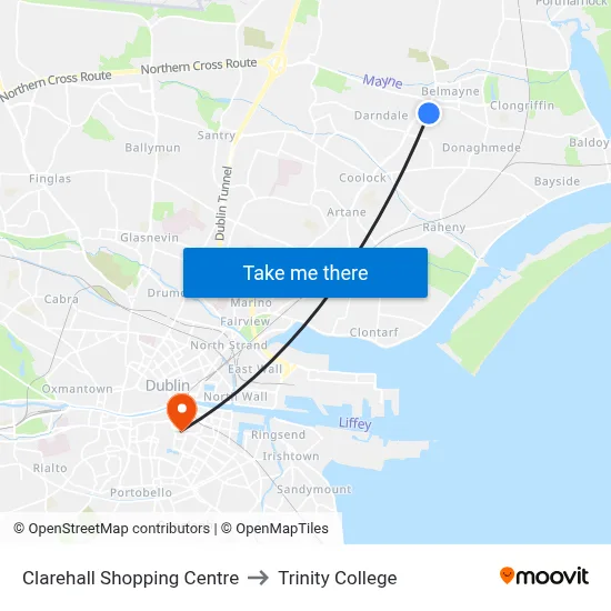 Clarehall Shopping Centre to Trinity College map