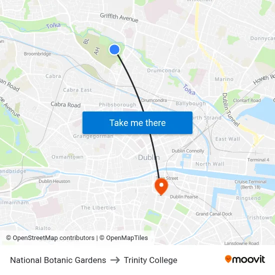 National Botanic Gardens to Trinity College map
